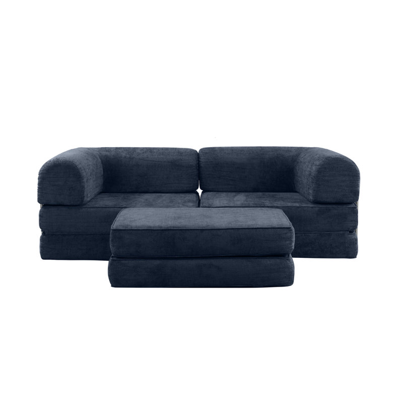 Velvet Compressed Daybed lounge Sofa with Ottoman, Dark Blue Velvet