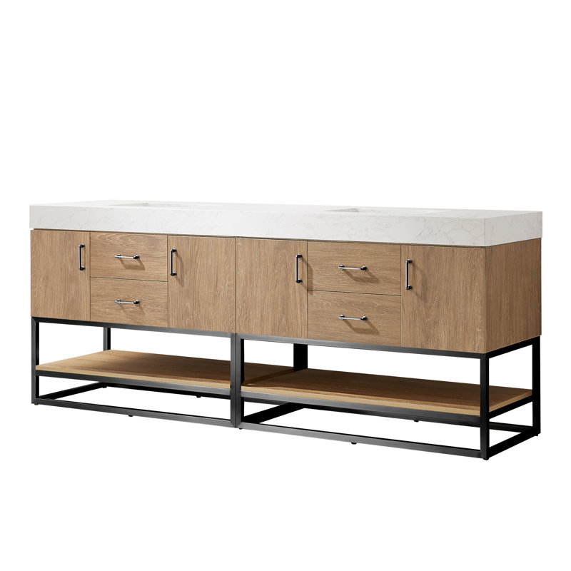 Ensemble de meuble-lavabo double 84 po Alistair, Noir mat, Chêne naturel, Blanc
