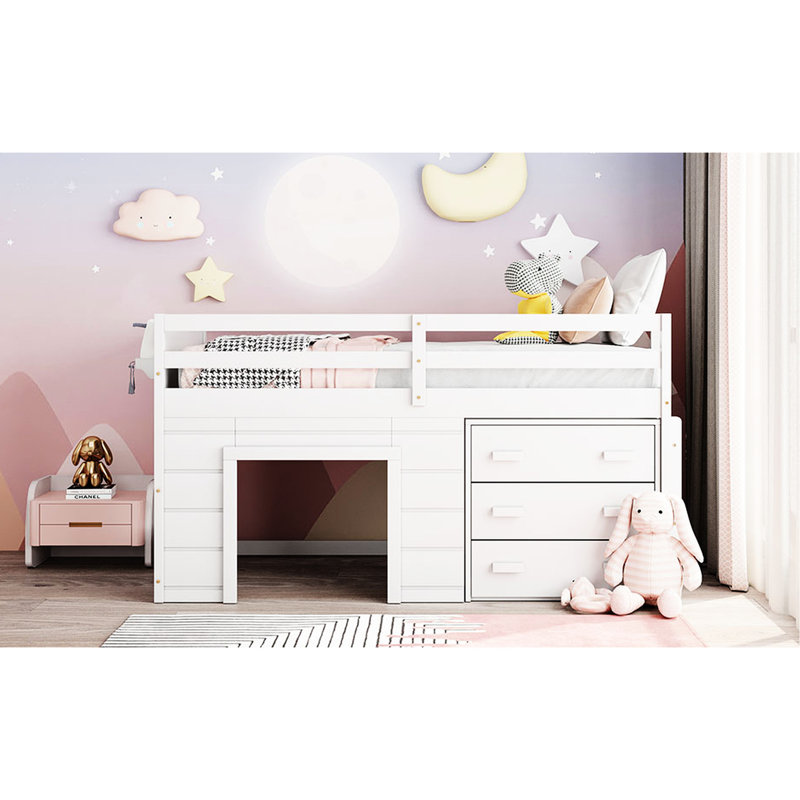 Lit mezzanine simple blanc avec armoire en bois massif, armoire et tablette pour la chambre à coucher, Blanc