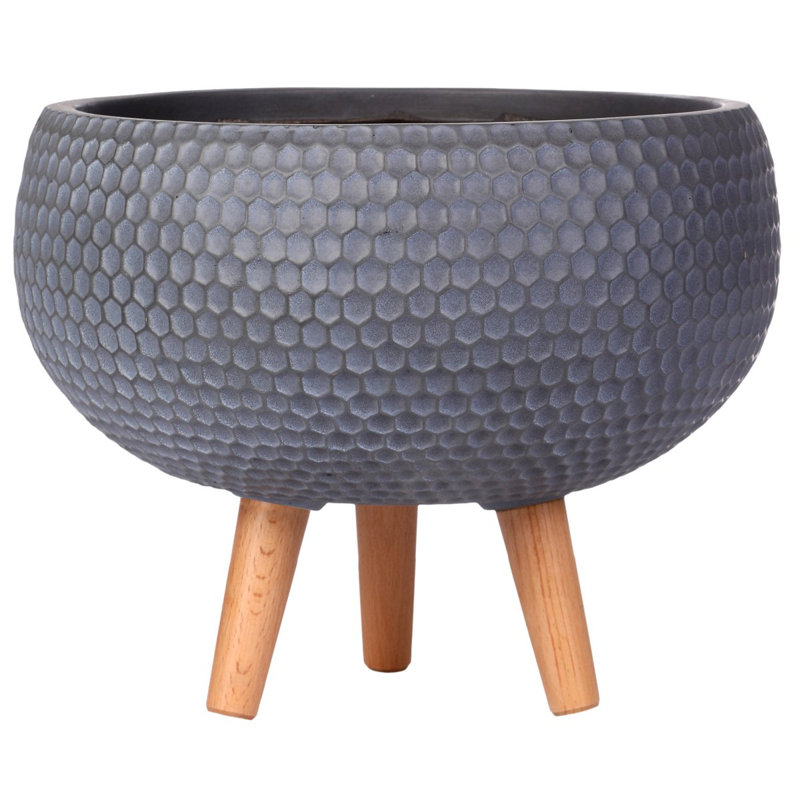Concrete Effect Bowl Planter on Hardwood Legs, Round Indoor Plant Pot Stand for Indoor Plants, Shallow Planter with Honeycomb Pattern