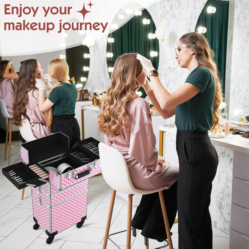 3 In 1 Rolling makeup Travel Trunk - Makeup Train Case Makeup Trolley With Wheels, Pink
