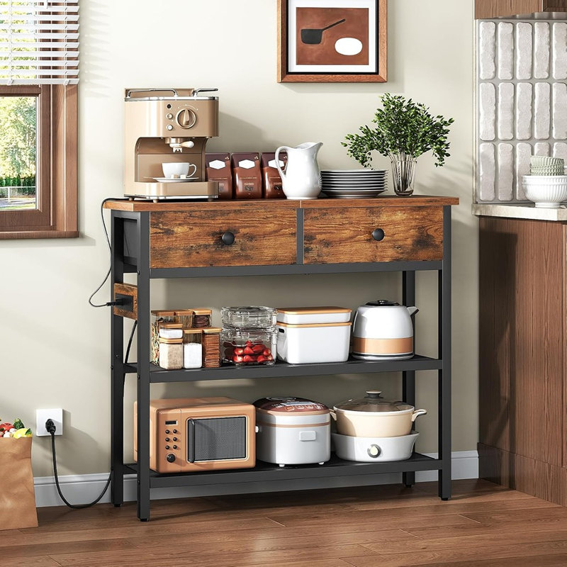 Console étroite avec prise de courant, table d'entrée avec 2 tiroirs en tissu, table à 3 niveaux avec tablettes de rangement pour le salon et le couloir, brun rustique