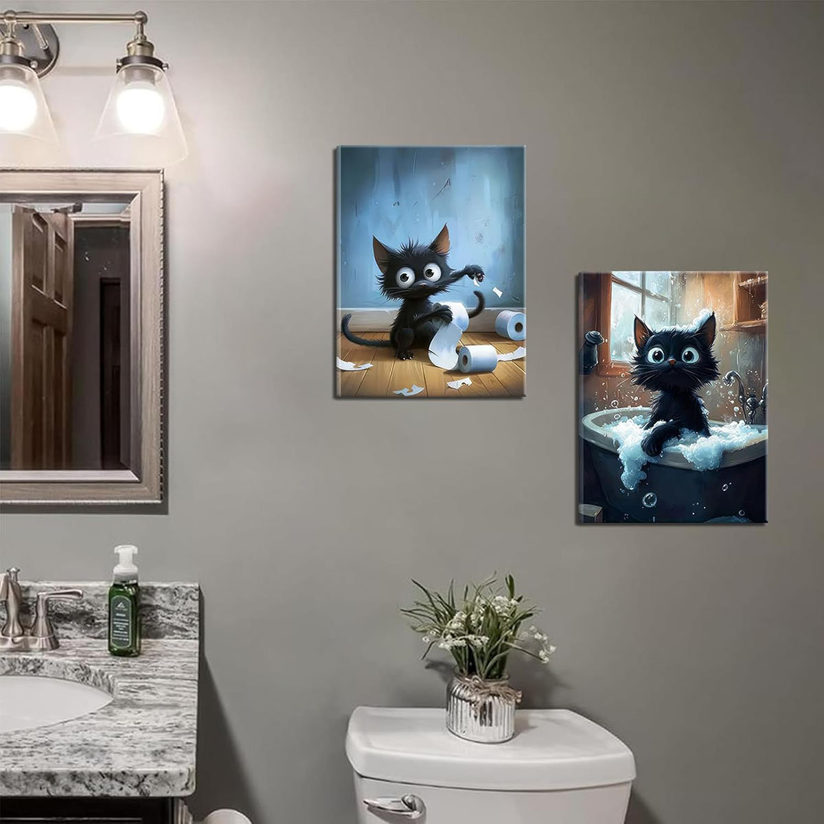 Bloomsbury Market 2Pcs Funny Black Cat Bathroom Canvas Wall Art Cute ...