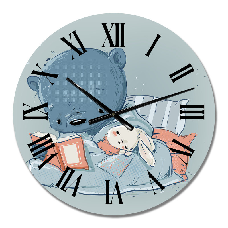 Cute Cartoon Teddy Bear with Little White Hare - Children's Art Wall Clock, Medium
