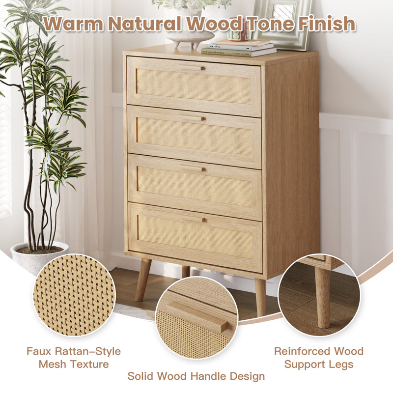 4-Drawer Dresser with Solid Wood Legs, Natural Oak