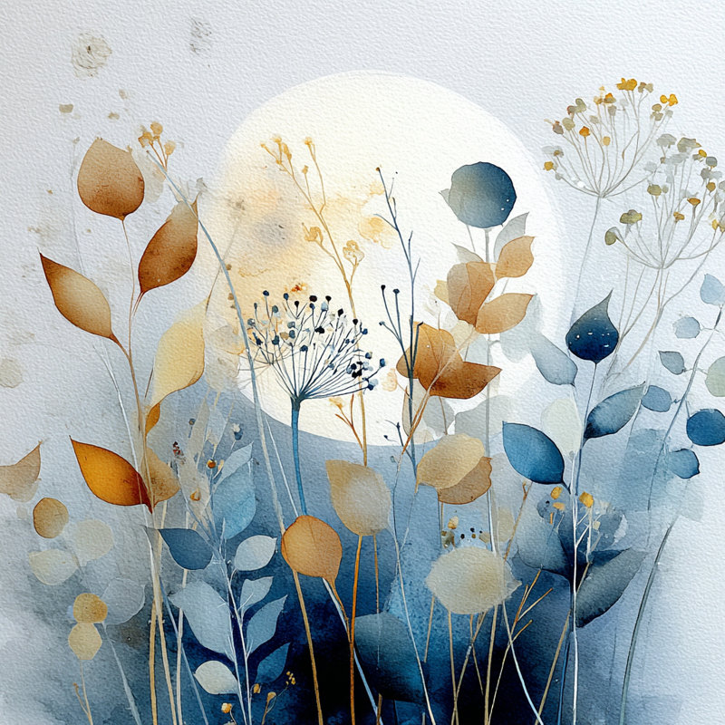 Dreamscape Flora - Modern Blue & Gold Floral Wrapped Canvas Wall Art