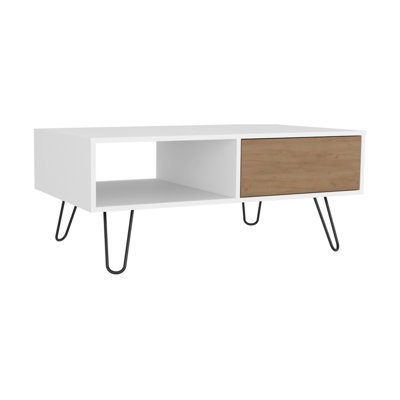 White - Natural Oak Rectangular Coffee Table, With Drawer And Open Shelf For Living Space Room Contemporary Rectangular, One Drawer, Shelf, Look