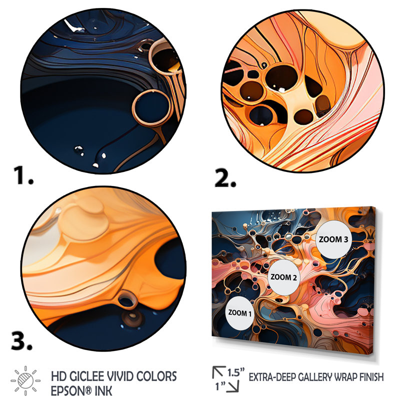 Encre rose et orange, vagues, mélodie - encre liquide, art mural abstrait, Cadre flottant noir, H 24 po x l 32 po x P 1 po