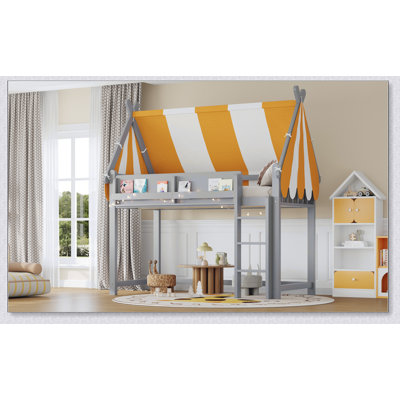 Loft Bed With Canopy, LED Lights & Book Shelf