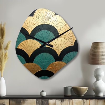 Emerald And Golden Arches - Abstract Shapes Asymmetrical Metal Clock, Gold Unique Shape Metal Clock Print