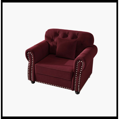 Canapé Chesterfield de 41,3 po en velours bourgogne, canapé capitonné moderne de style Mid-Century avec accoudoirs roulés et garniture cloutée, comprend 1 oreiller