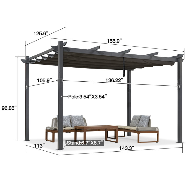 13 Ft. W X 11 Ft. D Aluminum Pergola with Canopy, Gray