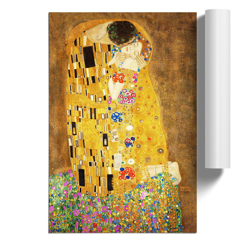 The Kiss No.1 by Gustav Klimt - Painting, Light Brown, 42cm H x 30cm W, No Frame