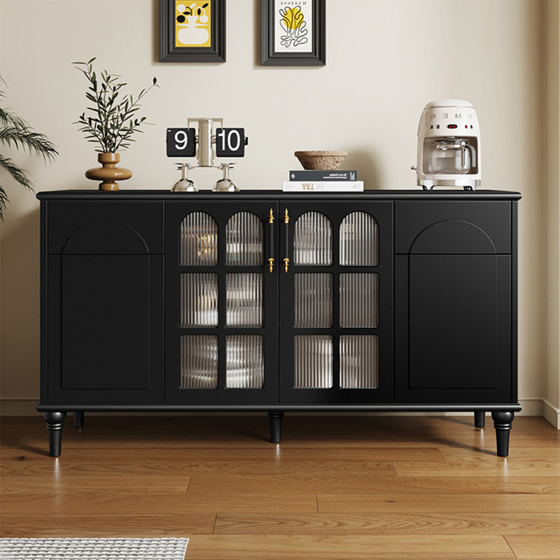 Buffet noir massif + bois manufacturé + verre trempé