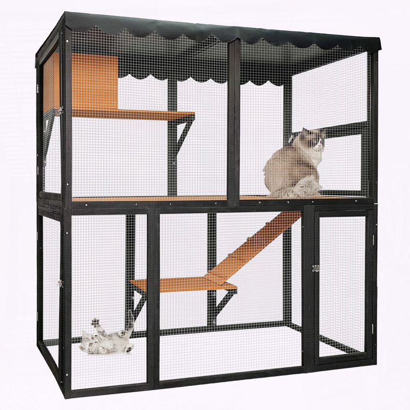 Enceinte d'extérieur en bois pour chat avec rampe