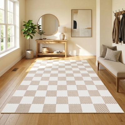 Tapis à carreaux lavable doux et antidérapant à poils courts noir et brun à motif géométrique moderne pour le salon, la salle à manger et la salle à manger