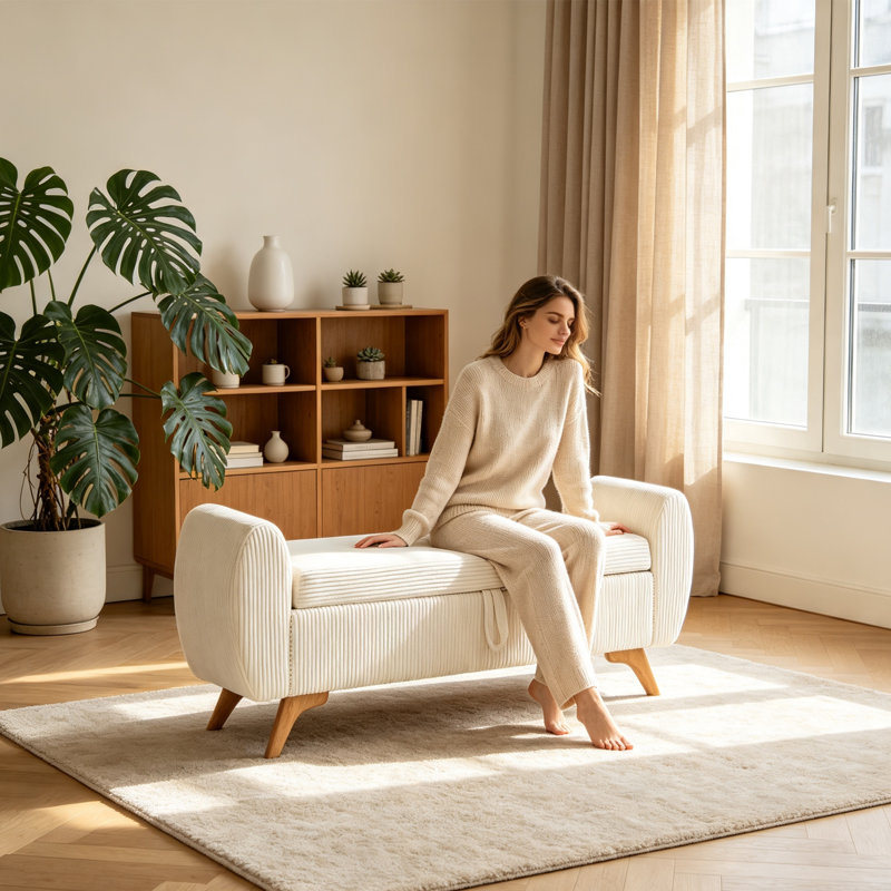 Banc de rangement en velours côtelé 57 po avec pieds en bois massif, Beige
