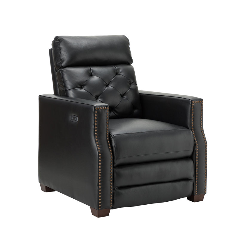 Gumesindo 31.50" Wide Genuine Leather Power Recliner, Black Genuine Leather