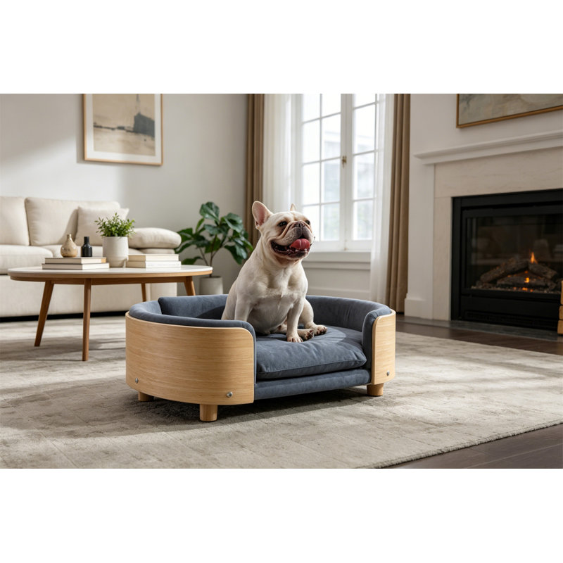 Lit pour chien surélevé de style scandinave avec pattes en bois massif et dossier en bois courbé, 9.85" H x 30.7" W x 20.8" D