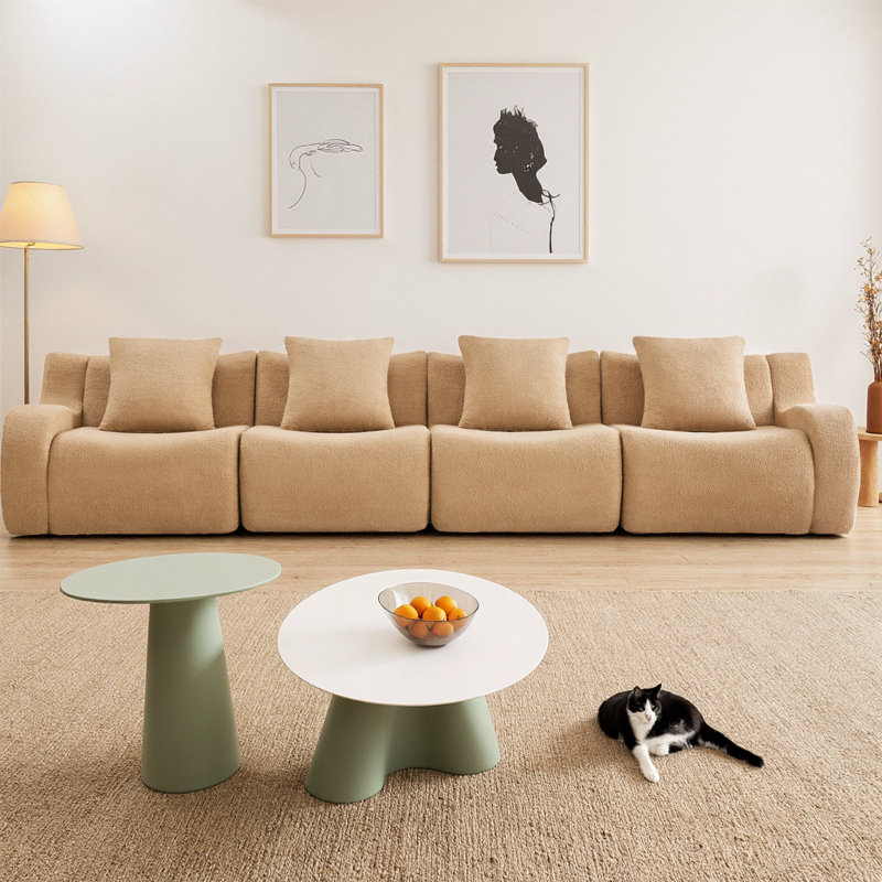 Canapé modulaire à 4 places désossé et rembourré en tissu Teddy avec accoudoirs courbés, sans assemblage requis et éponge haute densité 32D