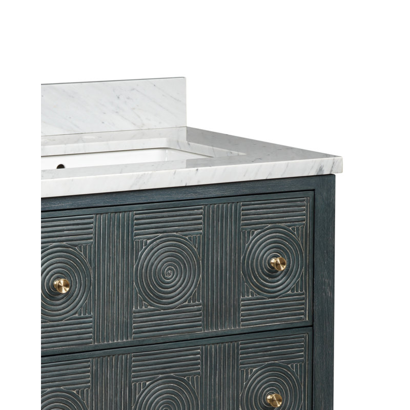 Meuble-lavabo encastré rectangulaire de 28 po Santos, Bleu marine rétro / naturel / laiton brossé / ni