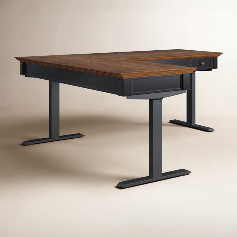 Emelia Adjustable Height L-Shaped Standing Desk, Black/Brown