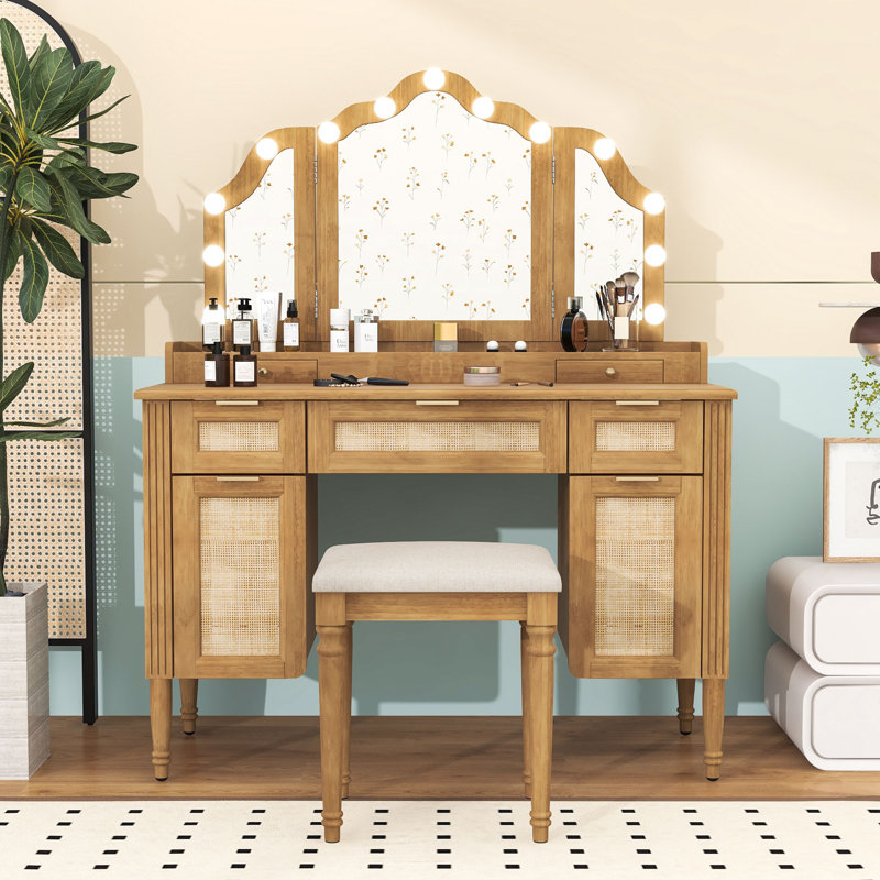 Makeup Vanity Desk with Tri-Fold Mirror, LED Bulbs, Cabinets, Charging Station and Stool, Natural