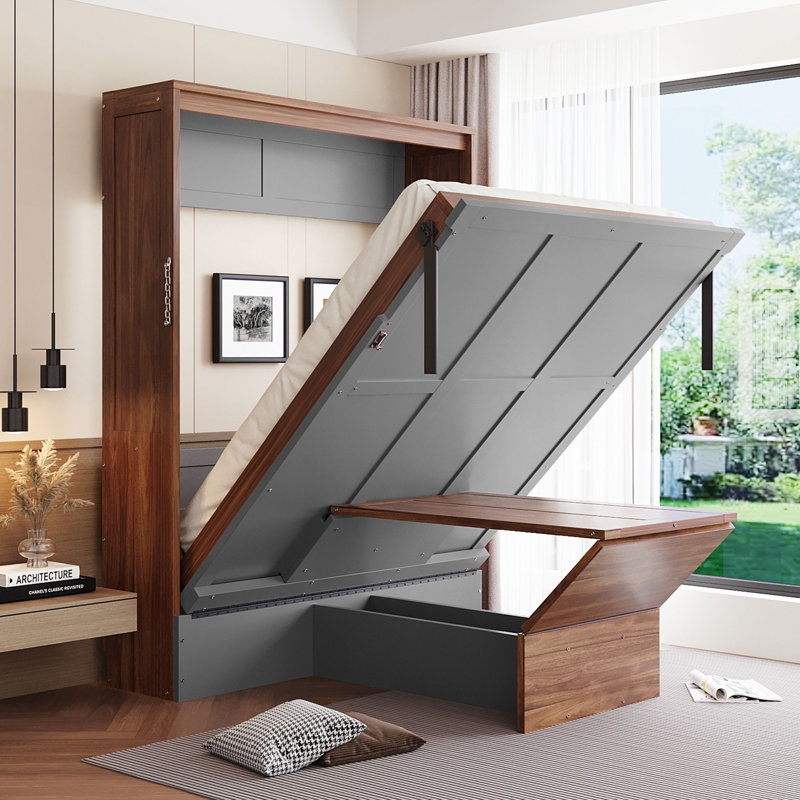 Lit escamotable double avec bureau pliable - Noyer et gris, gris