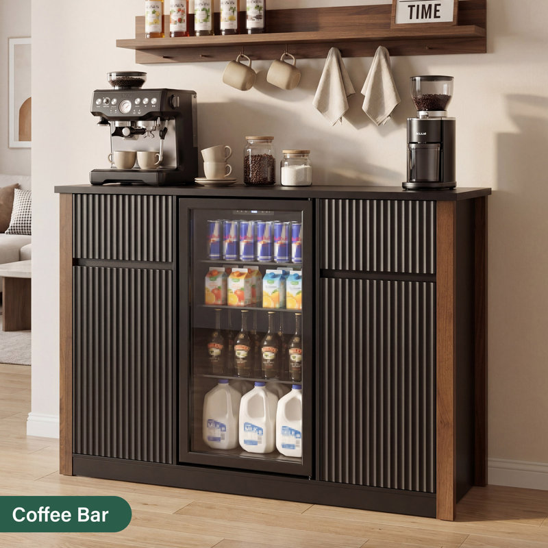  Bar à café avec mini-réfrigérateur, armoire à vin moderne pour la cuisine et la salle à manger, l 55,1 po noir, Noir