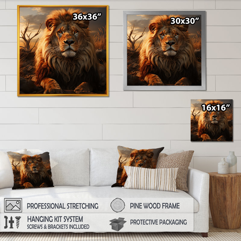 Lion royal, portrait africain III, décoration murale animal lion, Encadrement doré, H 36 po x l 36 po x P 1,5 po