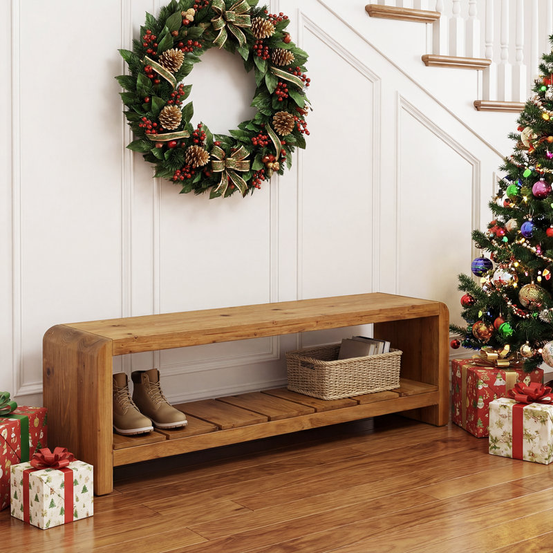 59" Solid Wood Bench, Entryway Shoe Bench With Storage, Brown
