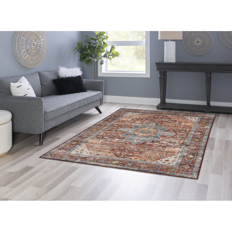 Jakobson Machine Washable Rust and Ivory Area Rug, Rectangle 5' x 7'