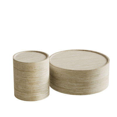 28.35" Modern Round Travertine Pattern Coffee Table Set of 2, Drum Nesting Table Set of 2 with Safe Corner, Minimalist 2-Piece Living Room Table Set, No Assembly Required