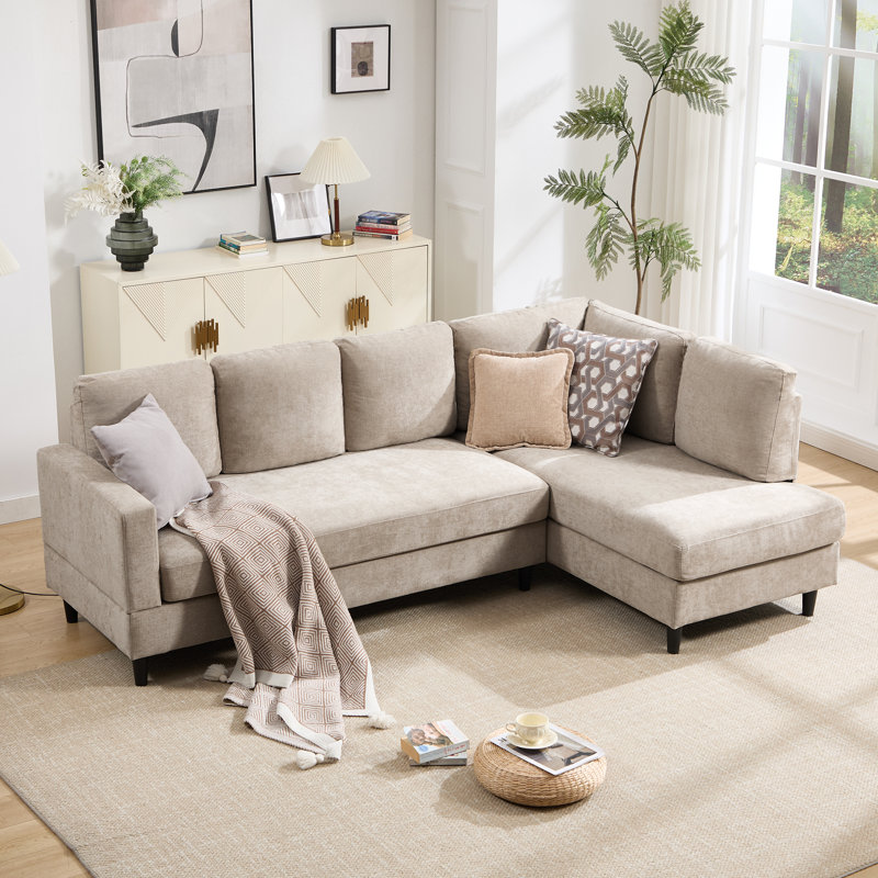 95" Upholstered L Shaped Sofa Modern Sectional, Khaki Chenille
