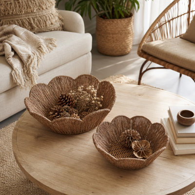 Bols tressés décoratifs en forme de pétales pour la décoration intérieure - Bols élégants pour le salon ou le bureau - Paquet de 2, 33 cm et 38 cm, brun et beige