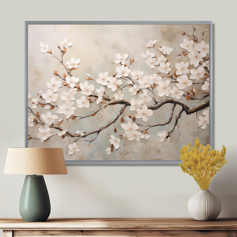 Minimalisme blanc et gris Cherry Blossom III - art mural Cherry Blossom, H 24 po x l 32 po x P 1 po, Encadrement argenté