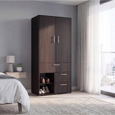 Armoire autoportante à deux portes Alpine avec trois tiroirs, espace pour chaussures ouvert et tringle