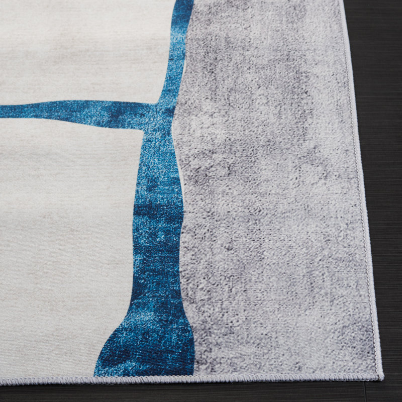 Gray and Blue Abstract Synthetic Washable Area Rug
