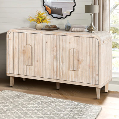 59'' Farmhouse Curved Vintage Storage Sideboard With Large Wooden Handles, Vertical Wood Grain Carving And Adjustable Shelves For Kitchen,Dining Room