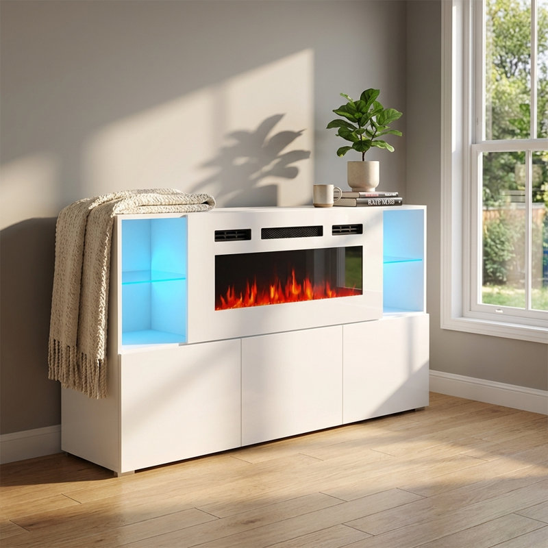 Camberlynn 63" Sideboard with Electric Fireplace, High Gloss Finish, White