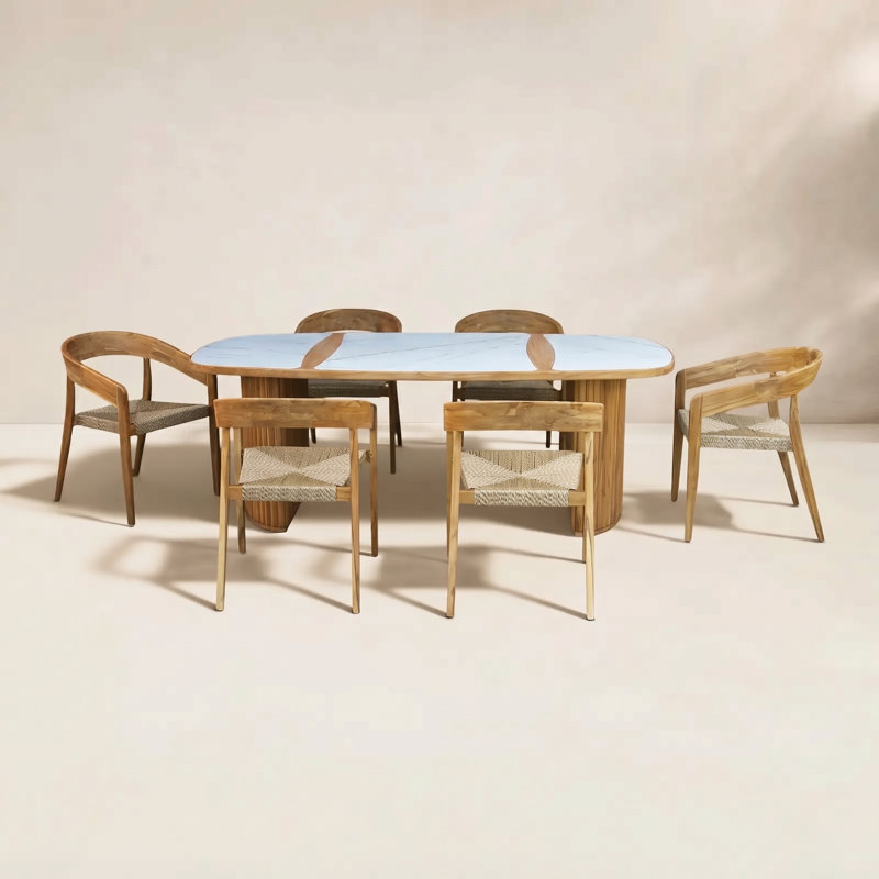 7 Pc. Teak & Wicker Oval Dining Set With Monte Bianco Stone Top, White, Tan/Natural
