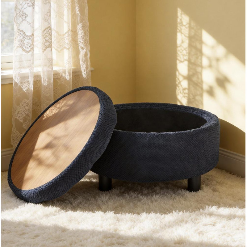Round Cocktail Ottoman with Storage, Black