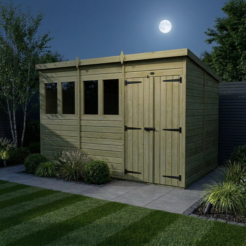 Total Sheds 16ft x 8ft Pent Garden Shed - Double Door - With Windows - Pressure Treated Timber - UK Manufactured