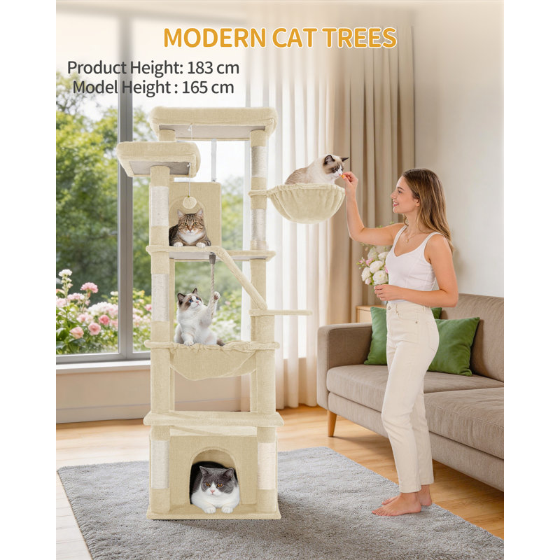 Large Cat Tree, 183 cm Tall Cat Tower for Indoor Cats Large Cats, Corner Climbing Tower with 6 Sisal Scratching Posts, 2 Large Platforms, 2 Caves, Hammocks, Stairs