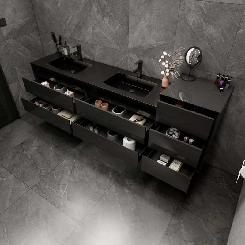 Golitz 103.5'' Double Bathroom Vanity with Stainless Steel Top, Glossy Black