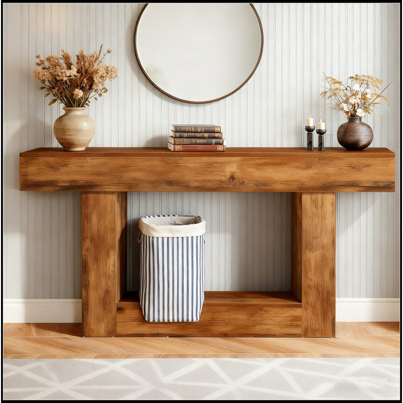 63" Console Table, Farmhouse 2-Tier Entryway Table With U-Shaped Base, Narrow Long Wood Sofa Table Behind Couch Table For Living Room