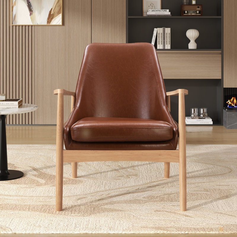 Ensemble de 2 fauteuils d'appoint en cuir de polyuréthane de style Mid-Century avec structure en bois massif et fauteuil de lecture à haut dossier pour le salon