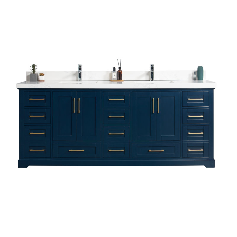 Eser 84'' Double Bathroom Vanity with Top, Straight Empira Quartz, Navy Blue