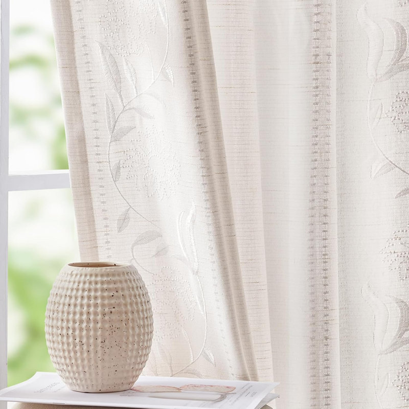 Rideaux en lin semi-transparents brodés à motif floral, Bleu, L 50 po x L 63 po