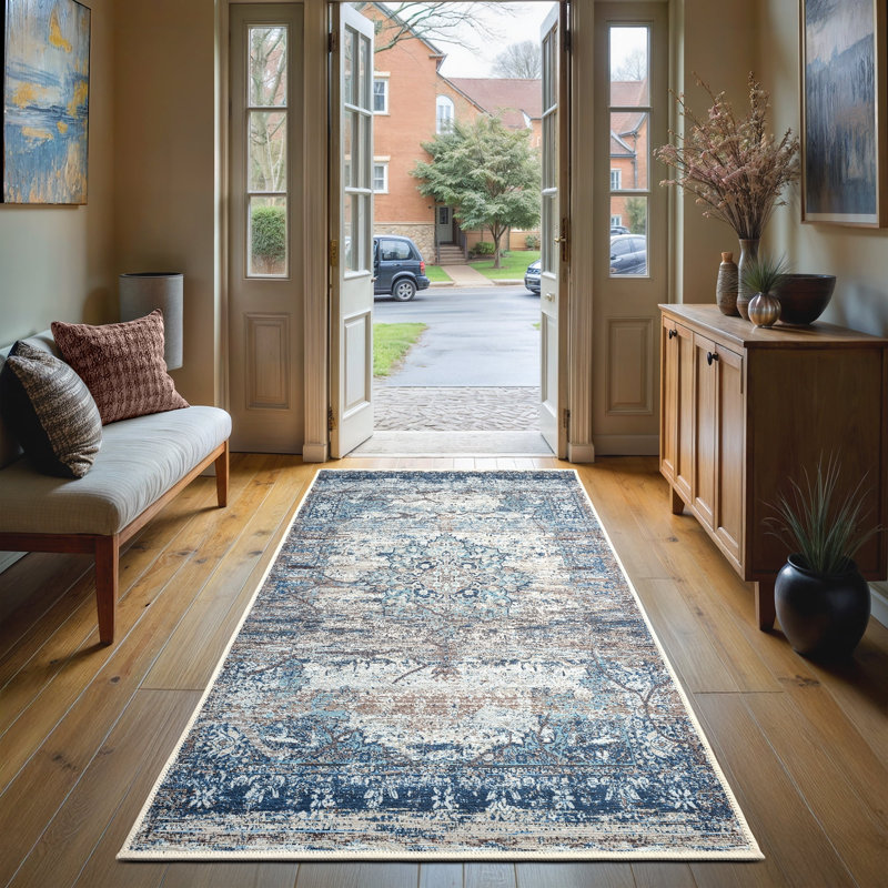 GLN Rugs Vintage Collection - Machine Washable Area Rug, Vintage Washable Rug, Non Slip Area Rug, Low Pile Living Room Rug, Bedroom Rug, Bathroom Rug - Easy Clean (Navy Blue and Gray Rug)
